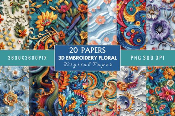 Embroidery Floral Digital Paper Bundle